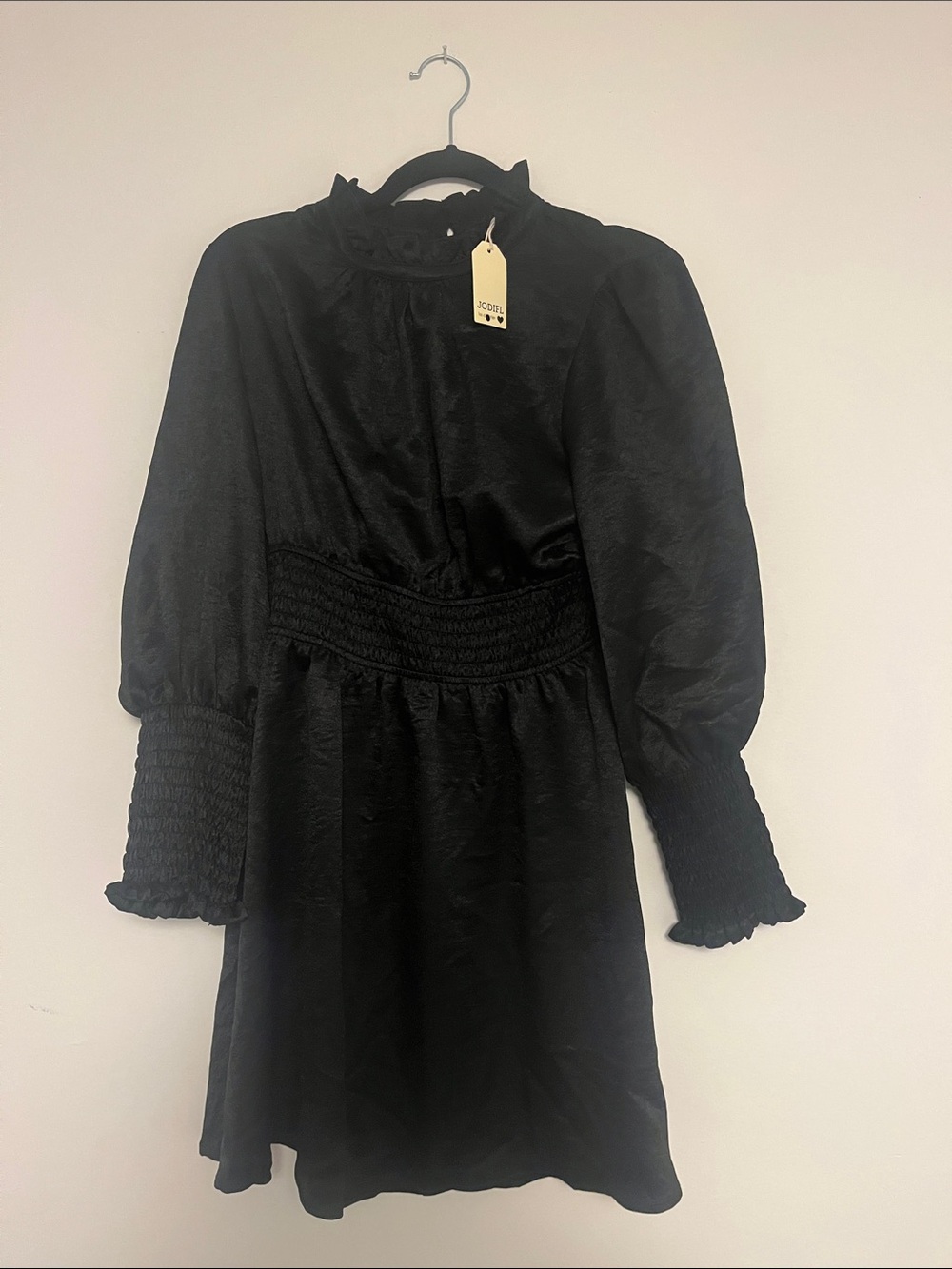 JODIFL Black Long Sleeve High-Neck Smocked Waist Dress
